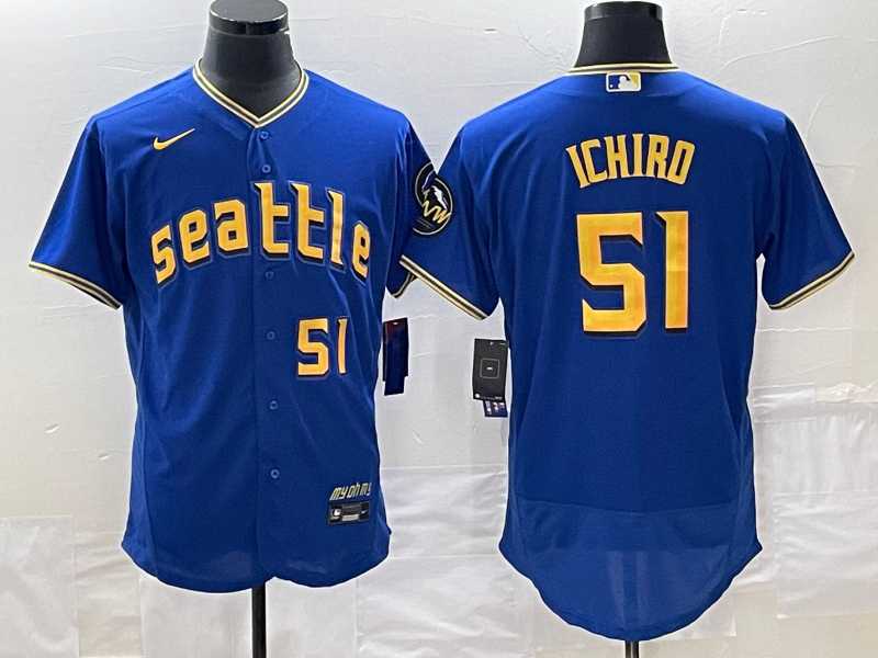 Mens Seattle Mariners #51 Ichiro Suzuki Number Blue 2023 City Connect Flex Base Stitched Jerseys